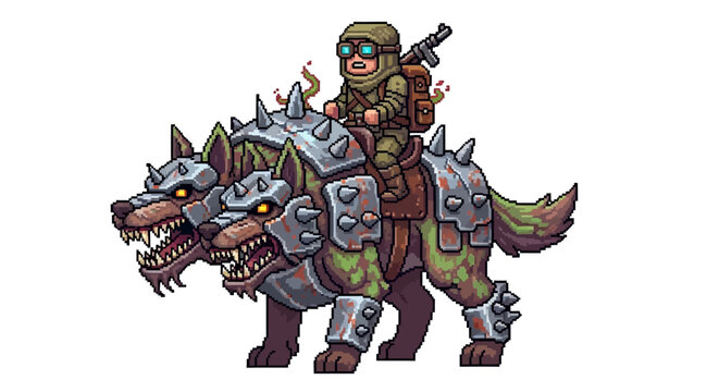 Post apocalyptic warrior riding a three headed wolf creature.