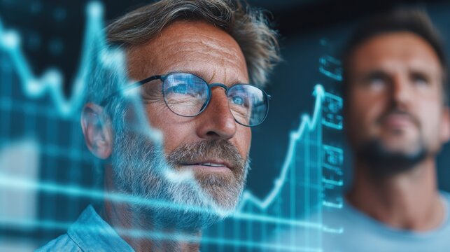 Mature businessman intently studying financial data charts and market trends on a futuristic digital display