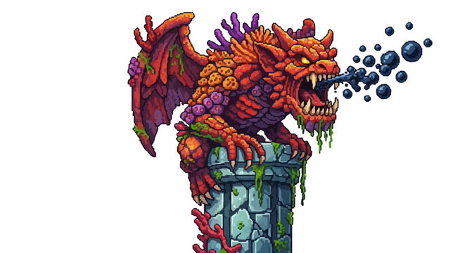 Pixel Art Dragon Gargoyle Spitting Bubbles on Stone Pillar.
