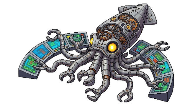 Steampunk Mechanical Squid Robot with Screens.