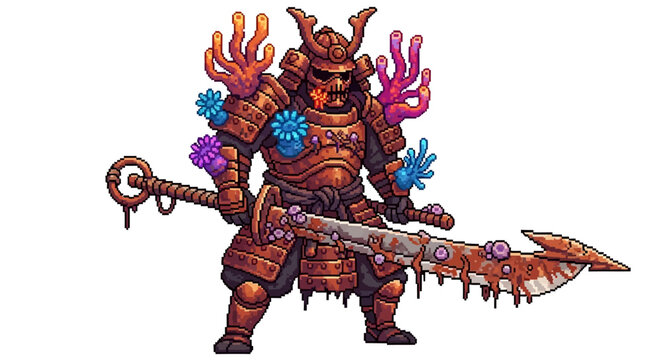 Pixel Art Samurai Warrior with Coral and Tentacles.