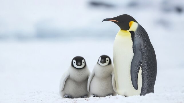 Penguin and two chicks stand on snow in Antarctica during winter months