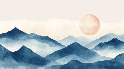 Fototapeta premium Mountains and sun in morning light with soft colors over the landscape for a simple nature scene