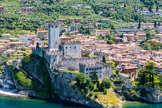 Scaliger Castle in Malcesine above Lake Garda. Destination with medieval fortress, lake views and coastal town
