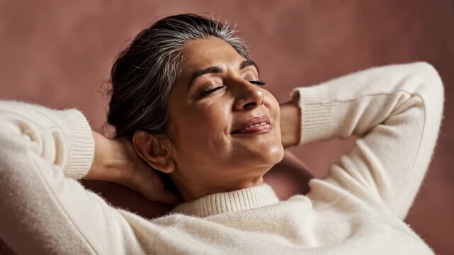 This captures a serene moment of a calm woman, showcasing her peaceful expression and relaxed demeanor in a soft, muted setting, evoking feelings of tranquility and comfort.