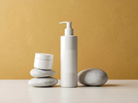 White cosmetic bottle and jar with natural stones on yellow background foam bottle mockup