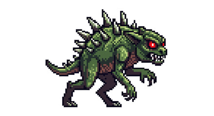 Fototapeta premium Pixel Art Green Monster Creature Spiky Back Red Eyes.