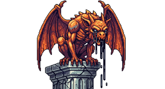 Terrifying Gargoyle Creature Perched on Crumbling Stone Pillar.