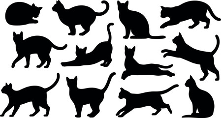 A comprehensive collection of black feline silhouettes featuring various dynamic poses for creative vector illustration and graphic design project assets. © BIPUL