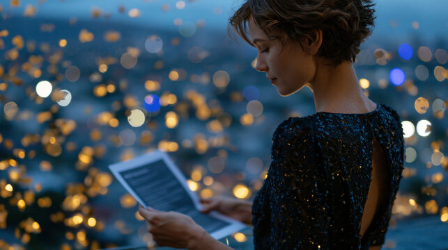 A founder stands at the edge of a rain-soaked rooftop at dusk, city lights blurring below, holding a printed pivot proposal she is about to either sign or shred, ideal for pivot decision, startup le