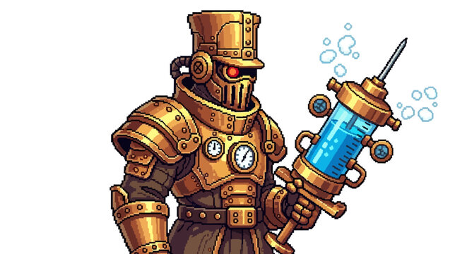 Steampunk Robot Holding a Syringe with Blue Liquid.