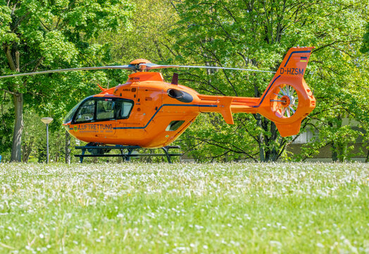 orange rescue helicopter air ambulance, German Special emergency medical service aviation Airbus EC135, air ambulance, emergency operations and medical evacuation, challenging rescue tasks disasters