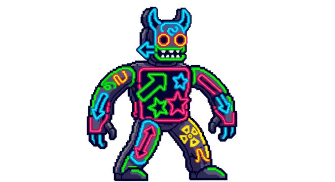 Vibrant Neon Robot Character with Horns and Glowing Accents.
