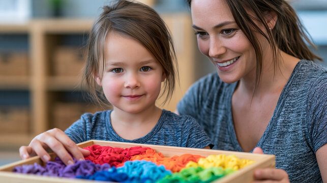 Child therapist opening a sensory toolbox in front of a wide-eyed young patient, rainbow of soft tools visible inside, natural wood shelving behind, trauma-informed care environment, perfect for chi
