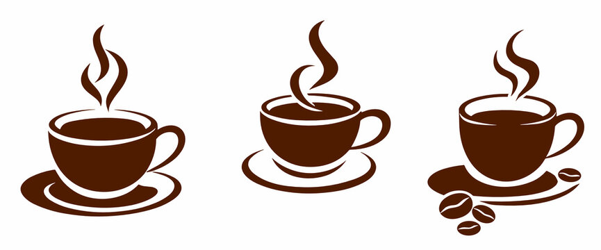 A set of three brown coffee cups with steam in different sizes with saucers and beans on transparent background. Flat vector illustration for cafe and menu design.