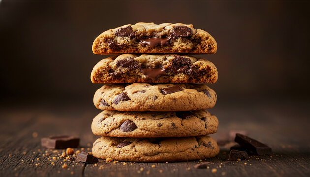 Stack of chocolate chip cookies with melted chocolate oozing from a halved cookie, symbolizing indulgence and sweet treats perfect for bakery or confectionery themes