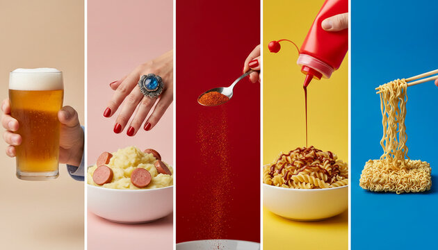 Collage of food items, from a beer glass to instant noodles, symbolizing diverse culinary experiences and everyday meals, suitable for food blogs or menus