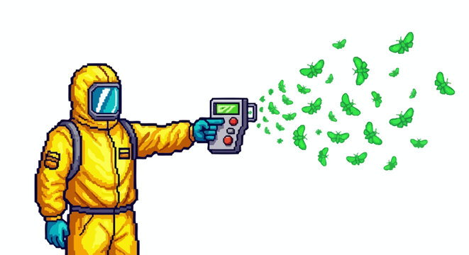 Scientist in Hazmat Suit Sprays Green Particles from Device.