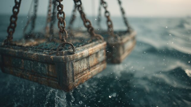 Rusty fishing trap hauled from stormy sea. Weathered metal cage on heavy chains above rough dark waves, commercial marine fishing and deep sea catch theme.
