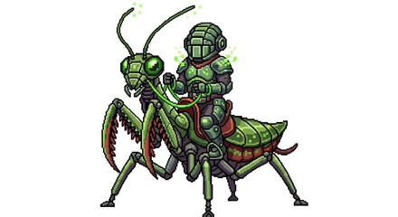 Fototapeta premium Sci-Fi Warrior Riding Giant Mechanical Praying Mantis Creature.