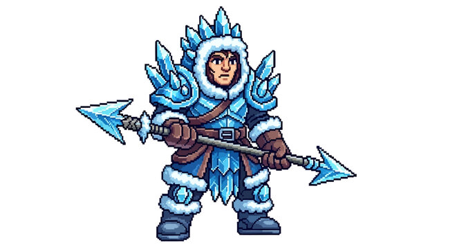 Pixel Art Ice Warrior Character Holding Spear.