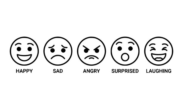 Minimal black and white emoji faces set with five different emotions in clean outline style isolated on white background