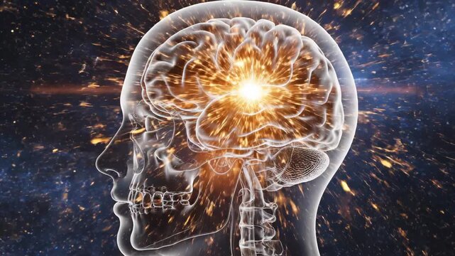 Human brain in space highlighting geometric patterns and contemporary art