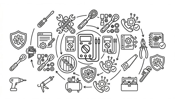 Modern repair and settings icon collection with wrench screwdriver and support symbols in dynamic layout isolated on white