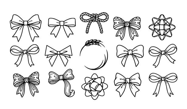Minimal black and white bow outline set with twelve decorative ribbon styles in clean line art isolated on white background