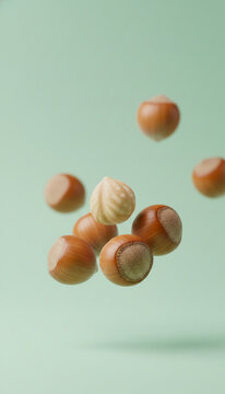 Scattered hazelnuts and one shelled hazelnut in mid-air against a soft pastel green background, symbolizing nature, healthy eating, and a touch of freshness