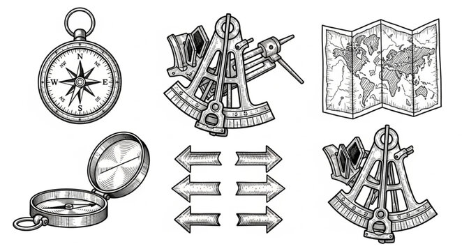 Vintage navigational tools and map illustration.