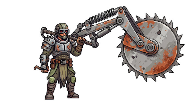 Post apocalyptic warrior with giant buzzsaw weapon.