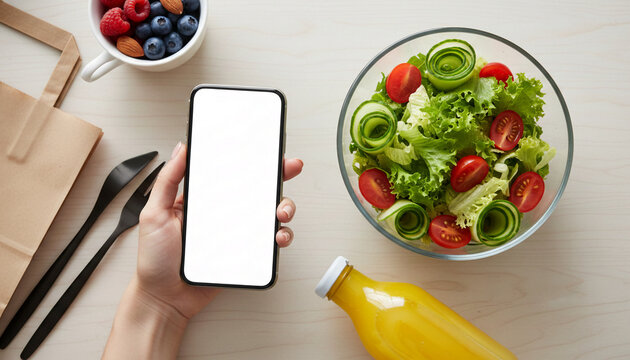 Phone with blank screen mockup held above a healthy salad, berries, and juice, symbolizing online ordering, food delivery, or healthy lifestyle app promotion.