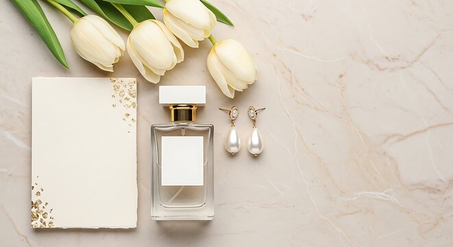 Elegant perfume bottle with white tulips and pearl earrings next to a blank paper card on a marble table