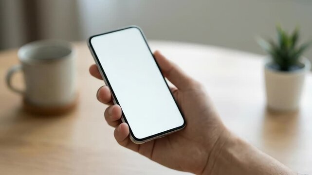 Phone mockup with a blank white screen in a clean minimal setting, mobile app promotion concept for communication, ecommerce, interface design and digital marketing themes, soft light, realistic hand