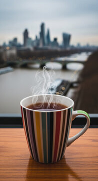 Steaming mug of dark beverage on a wooden surface with a city skyline blurred in the background, symbolizing urban comfort and relaxation