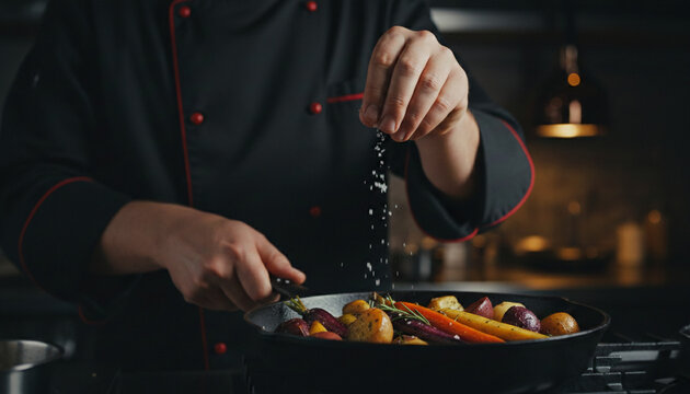 A chef seasons roasted root vegetables in a pan, showcasing culinary skill and fresh ingredients, symbolizing delicious dining and gastronomy.