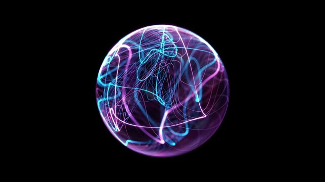 Abstract energy sphere energy sphere with swirling smooth flowing light waves blue tones, minimal transparent plasma orb on clean background, futuristic digital technology space. Science, technology,