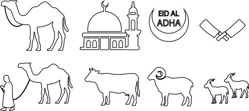 Eid al Adha black silhouette and outline icon set collection group with camel cow goat ram mosque crescent knife symbols, Islamic sacrifice festival vector pack in flat and line style