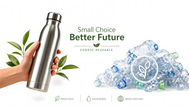Eco-friendly concept showing a hand holding a reusable metal bottle against a pile of plastic waste. Promoting sustainability, zero waste, Earth Day, and environmental care.