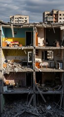 Fototapeta premium Destroyed Apartment Building Interior Exposed After Attack