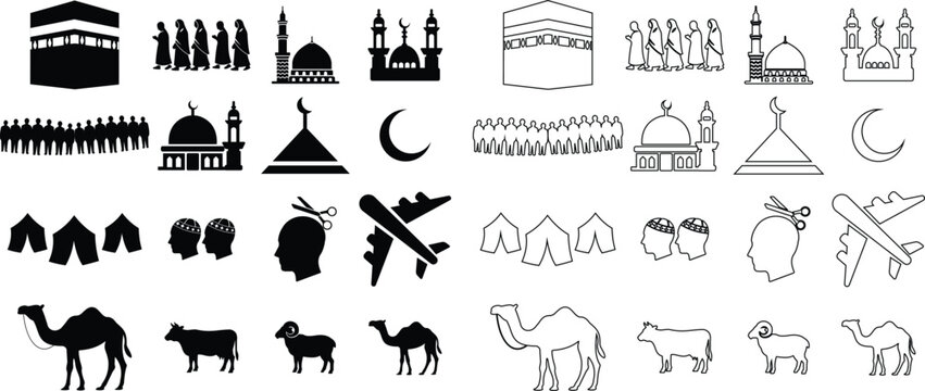 Hajj and Umrah black silhouette and outline icon set collection group with Kaaba pilgrims mosque crescent tent airplane camel cow ram symbols, Islamic travel pilgrimage vector pack flat line style