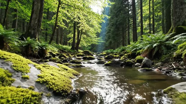 Mossy rocks stream in forest highlighting environmental conservation and serenity