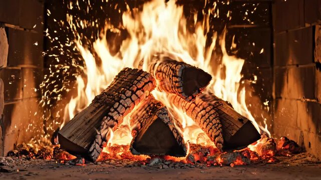 Wood burning in a stone fireplace perfect for UI/UX design and motion graphics