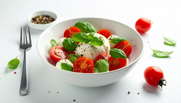 Minimalistische Caprese-Bowl mit Tomate, Mozzarella und Basilikum