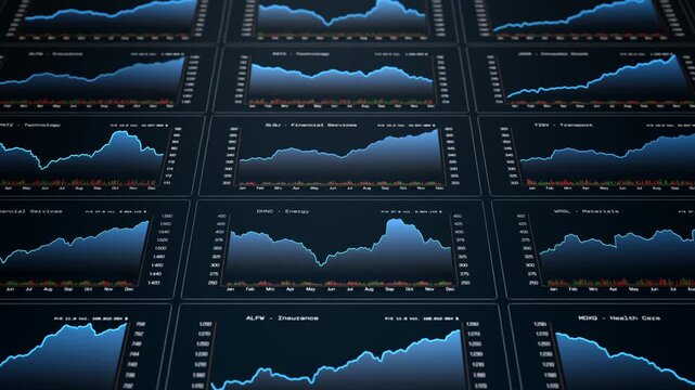 Charts up and down, line graph, stock market and exchange data, trading screen. Investment, business, financial market, analyzing, growth, wealth. 3D animation