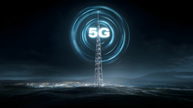 5G Signal Waves Radiating from Tower Dark Landscape Night