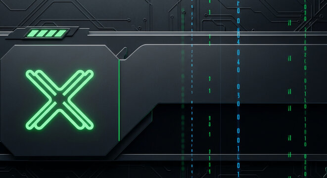 Dark, metallic surface with neon green symbol and binary code, representing technology, digital information, and futuristic concepts, suitable for tech-related themes and designs