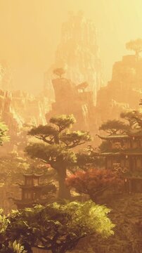 In a breathtaking setting, ancient buildings blend with towering mountains, enveloped in a warm golden glow. Lush greenery and vibrant trees add life to this serene, dreamlike scene.