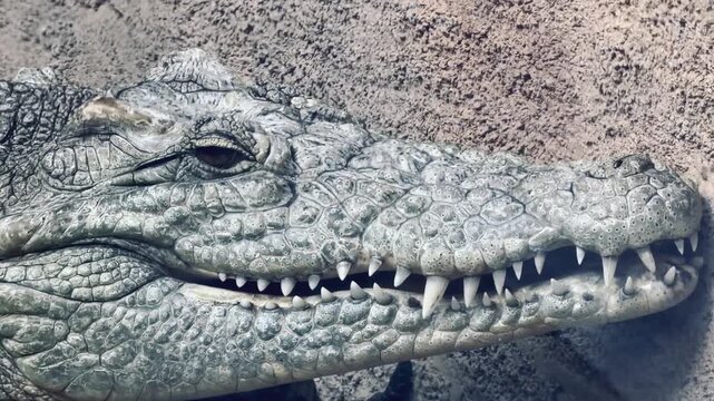 Detailed close-up of a large crocodile's head showing its textured scaly skin and sharp teeth while resting in a zoo terrarium.